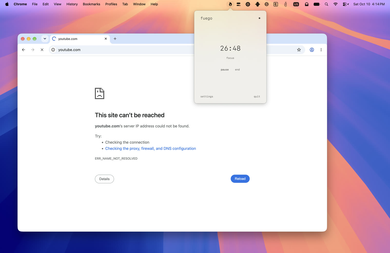 youtube.com won't load in chrome while the fuego menu bar window counts down a focus session